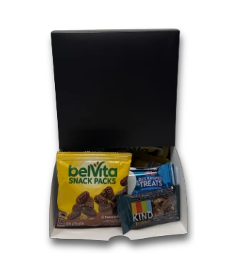 Conference Sweets & Snacks snack box with Belvita, KIND, and Rice Krispies treats. Individually wrapped snacks.