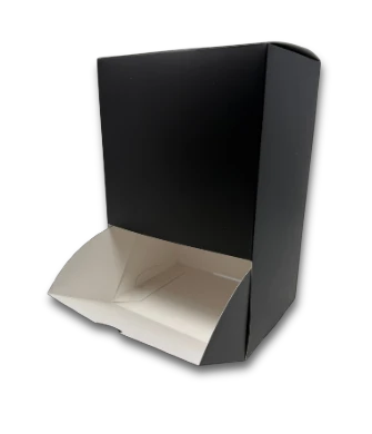 Conference Sweets & Snacks black cardboard table unit for snacks, pre-filled with trail mix and pretzels.